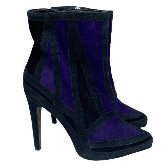 New Aperlai Colorblock Purple Black Suede Pointed Toe Ankle Heeled Boots Sz 37 - Picture 1 of 10